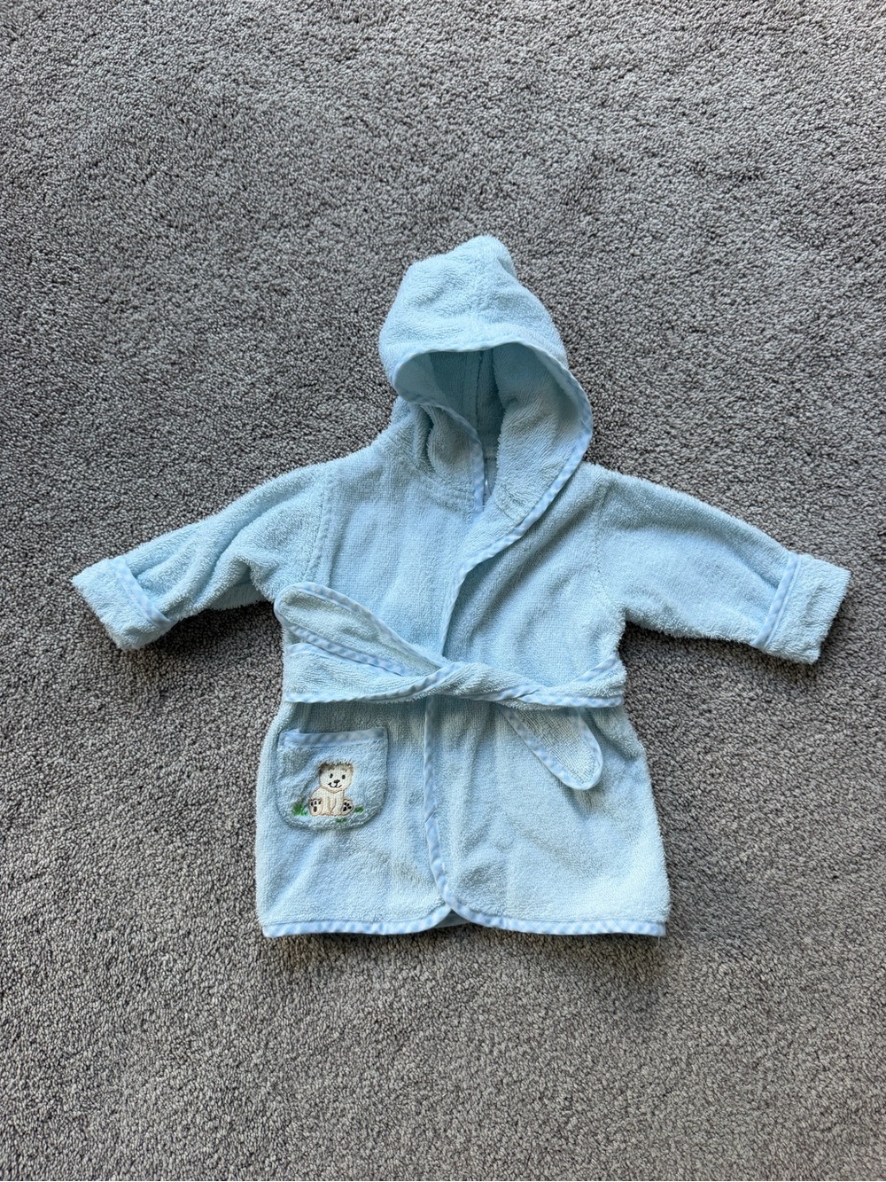 Children's Hooded Bathrobe with Bear Pocket - Light Blue